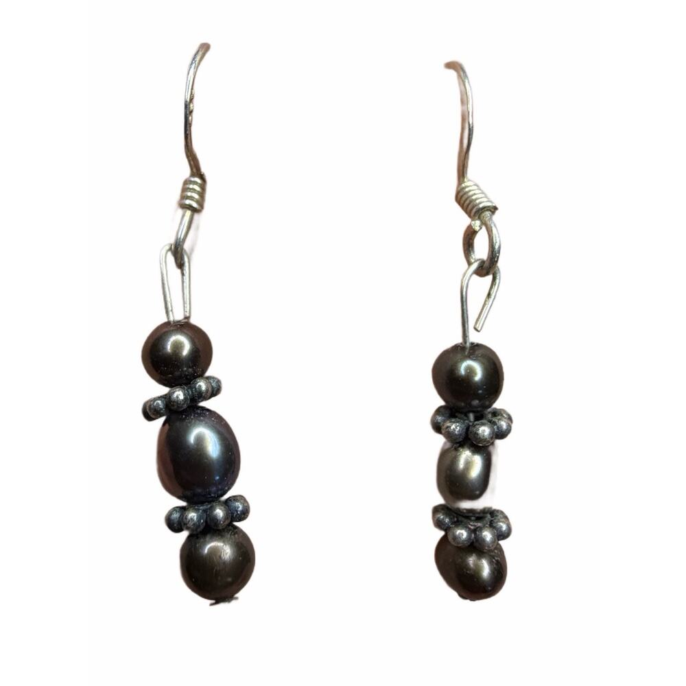 Sterling Silver Bali Bead Black Pearl Hook Earrings